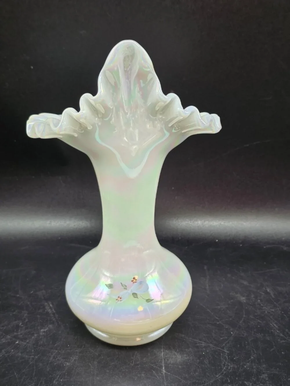 Vintage Fenton White Iridescent Jack in the Pulpit Ruffled Vase Signed, Numbered